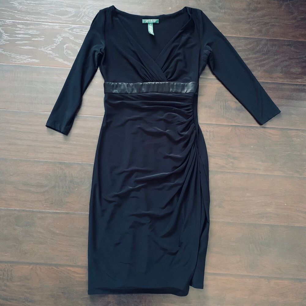 Lauren Ralph Lauren Black Faux Wrap Ruched Stretchy Jersey Surplice Dress | 2/XS